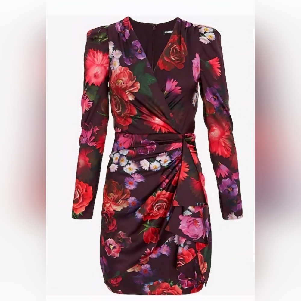 Express Floral Wrap Dress - Multicolor Long Sleeve